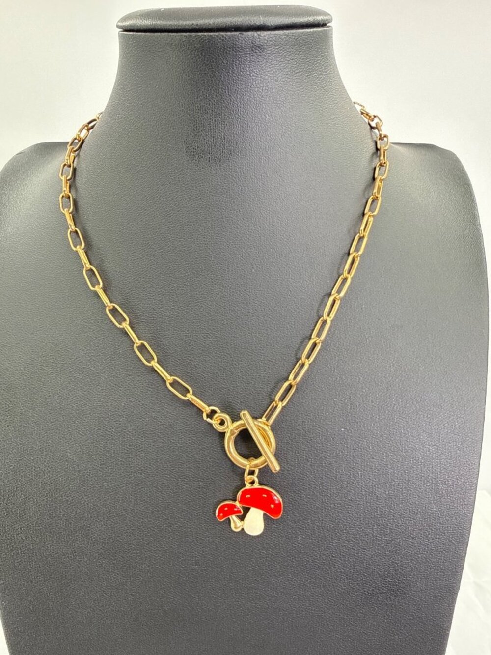 Gold Paperclip Chain Red Enamel Mushroom Charm Toggle Necklace Cottagecore Boho
